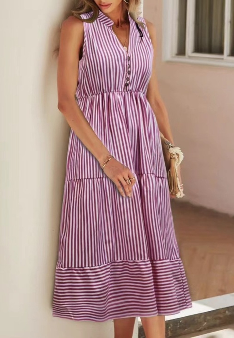 Women's Purple Striped V-Neck Sleeveless Tiered Maxi Dress